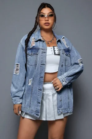 Loose Fit Distressed Denim Jacket with Ripped Details for Women