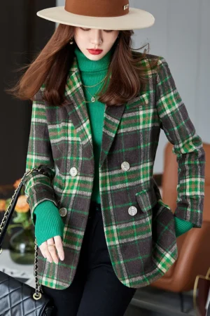 Fashion Ladies Blazer Women Blue Green Plaid Long Sleeve Female Casual Jacket For Autumn Winter