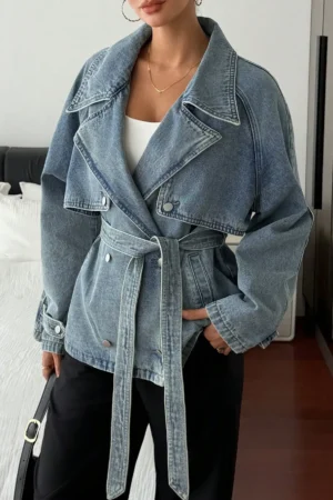 Women's Denim Jacket with Lapel and Waist Belt, Casual Short Coat for Spring Fall
