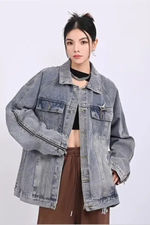 Vintage style fringed washed denim jacket, new spring and autumn loose vintage workwear, lapel jacket