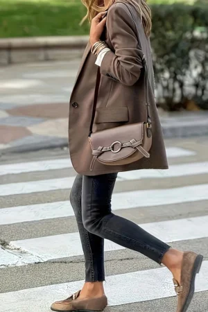 Fashionable Women's Brown Loose Blazer with Lapel and Pockets, Elegant Casual Office Everyday Jacket