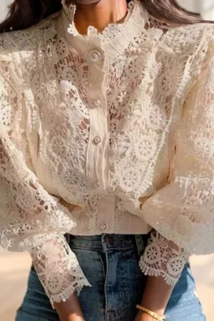 Fashion Petal Sleeve Lace Blouses Women Stand Collar Shirts Female Hollow Out Patchwork Ladies Top Flower Blouse Blusas 410G
