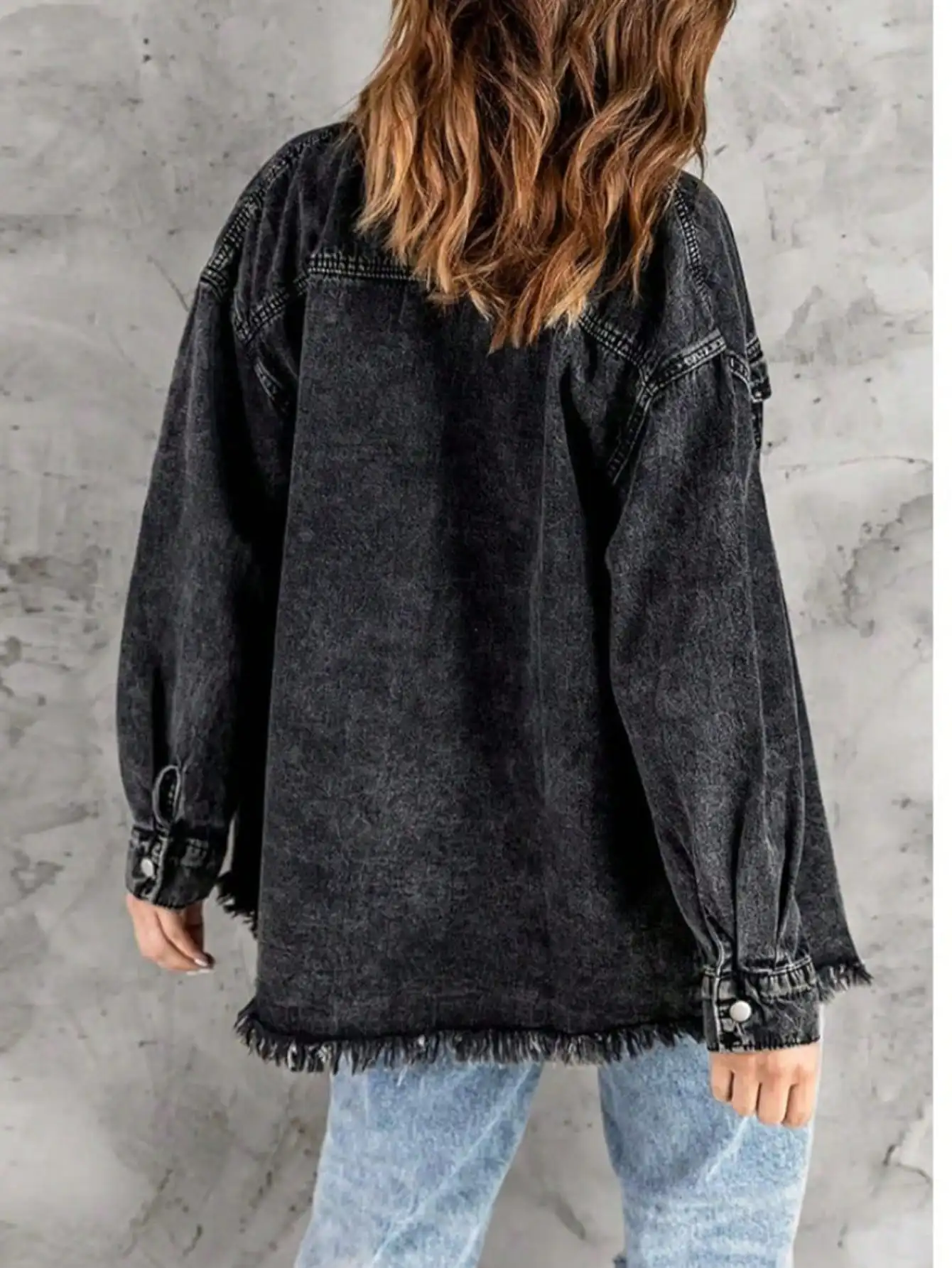 Women's Loose Black Denim Jacket with Frayed Hem and Button Front - Image 2