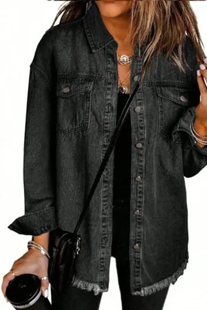 Women's Loose Black Denim Jacket with Frayed Hem and Button Front