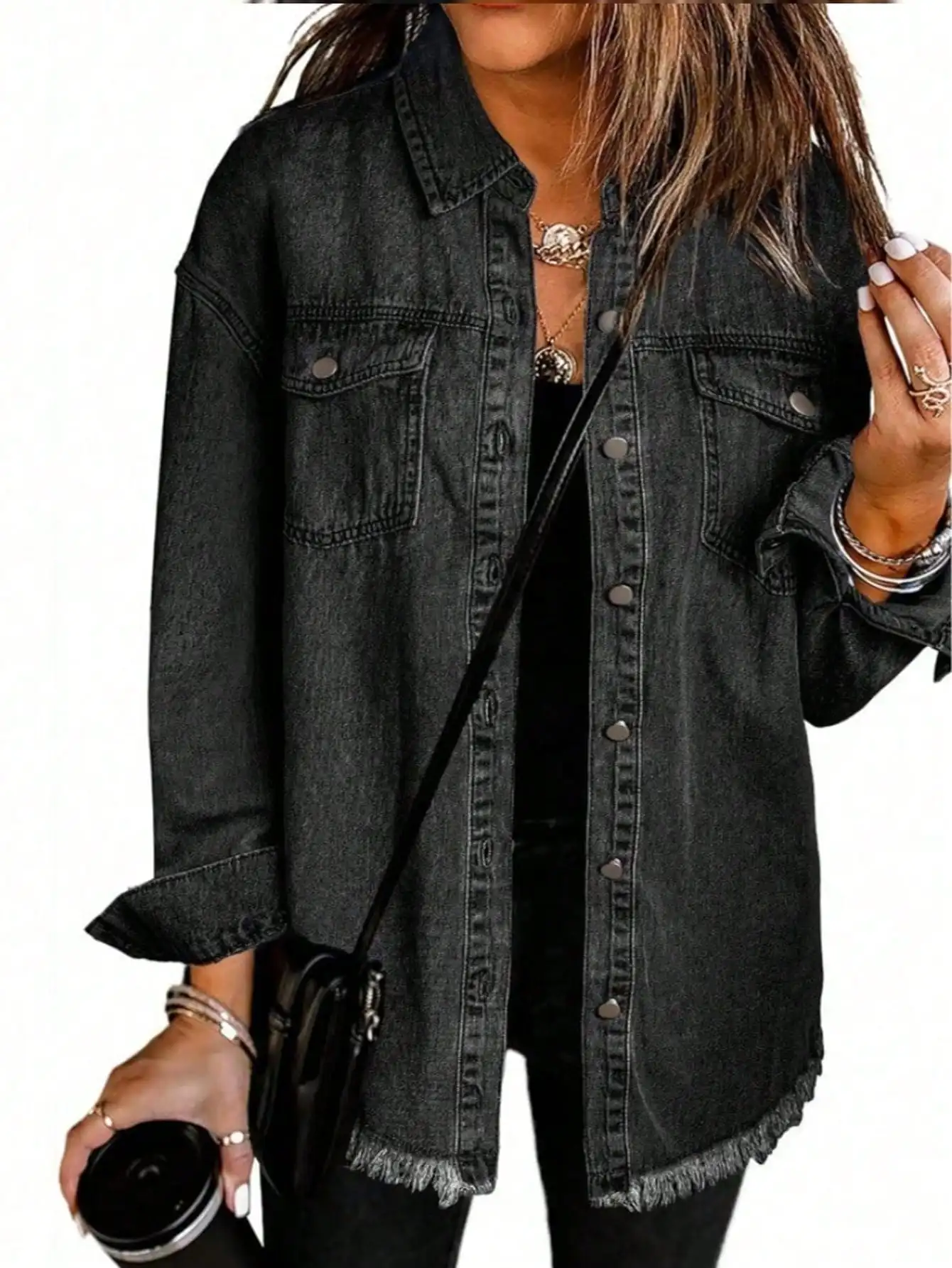 Women's Loose Black Denim Jacket with Frayed Hem and Button Front