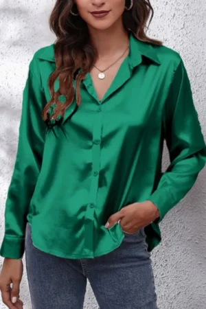 Spring satin female loose button-up shirt, women's imitation silk solid-color long-sleeved shirt, DF4972