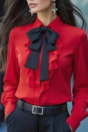 Women's Formal Shirt Collar Bow Tie Ruffles Long Sleeve Blouse