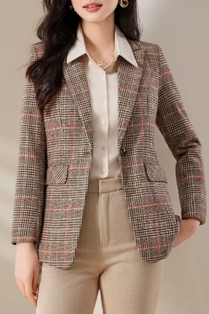 Wool Peak Lapel Tartan Single-Button Slim-Fit Blazer - Commuter Professional High-End Stylish Elegant Designed Suit Jacket