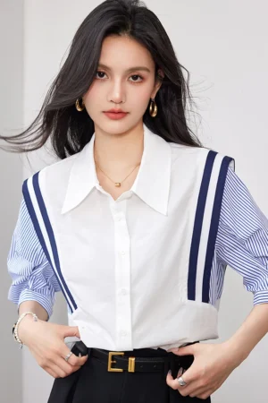 French Elegant Office Lady Shirt Female 2024 Spring Striped Contrasting Color Long-Sleeved Temperament Slim Top Fashion Blouse